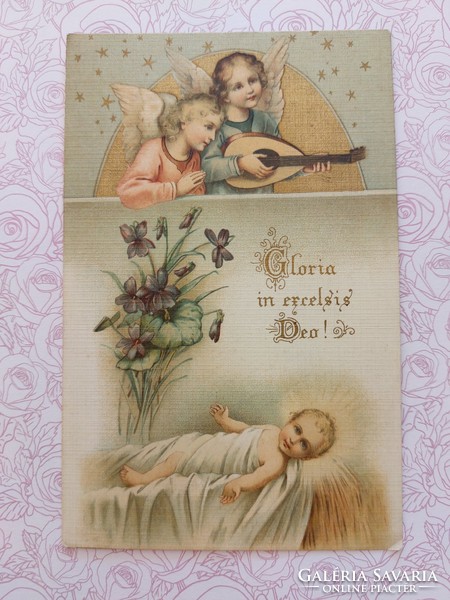 Régi vallási képeslap Gloria in excelsis Deo feliratos levelezőlap angyalok Jézus ibolya