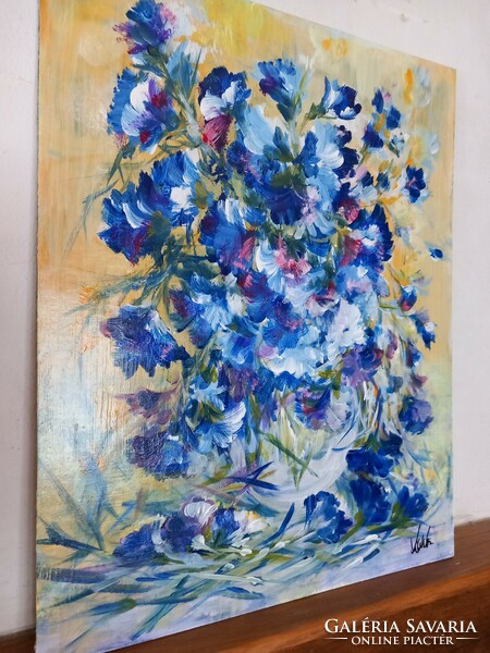 "RAGYOGÓ-TENGER KÉK"virágcsendélet"festmény farostlemezen 40 x 50 cm