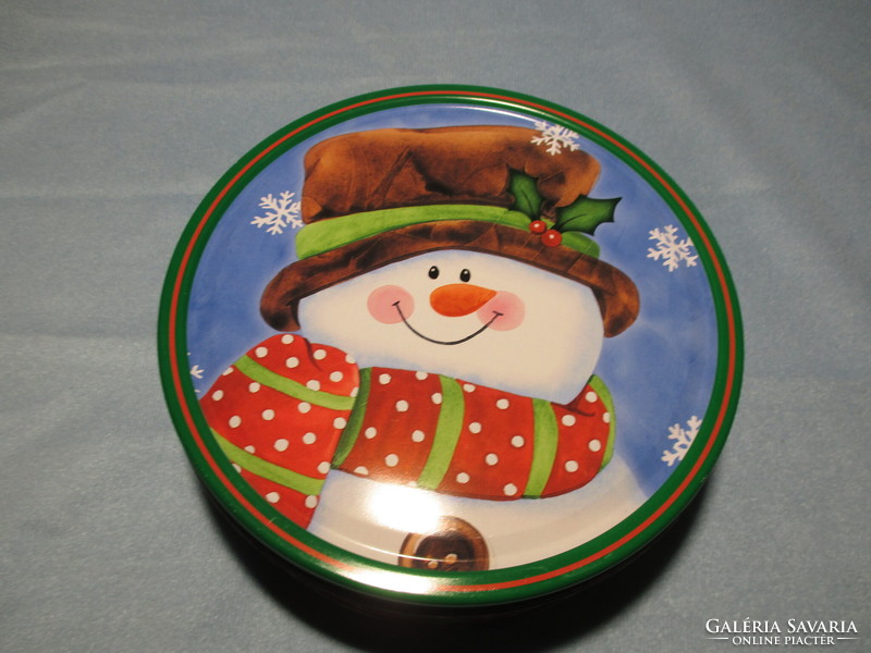 2 metal cookie boxes with a snowman and Santa pattern, Christmas