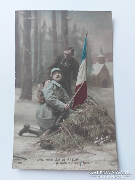 Old postcard soldier 1918 photo postcard priest church