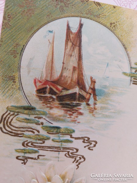 Régi képeslap 1901 dombornyomott levelezőlap tavirózsa hajó