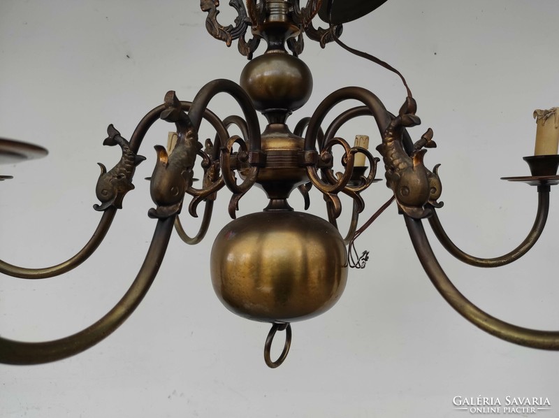 Antique 6-arm patinated copper Flemish chandelier + 6 new decorative candles and 6 bulbs 640