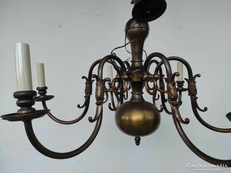Antique 6-arm patinated copper Flemish chandelier + 6 new decorative candles and 6 bulbs 639