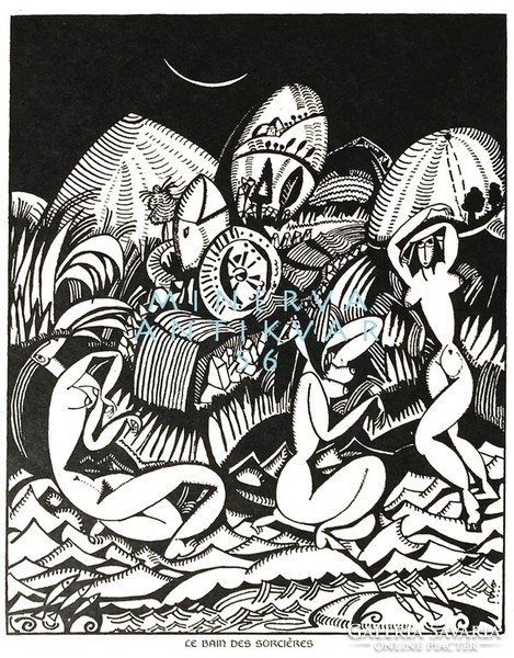 A. de Souza-Cardoso Boszorkányfürő 1912 art deco tusrajz reprint nyomata, női aktok tájkép folyópart