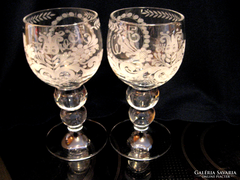 Pair of antique wedding crystal monogrammed glasses