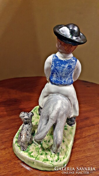 Izsépy ceramic, a boy on a donkey, on a donkey's back, with a dog, flawless, foal boy figure.