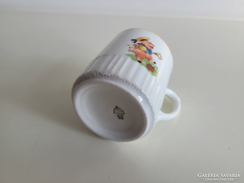 Régi Zsolnay porcelán mese bögre malac szitakötő katica mintás mesemintás szoknyás teáscsésze