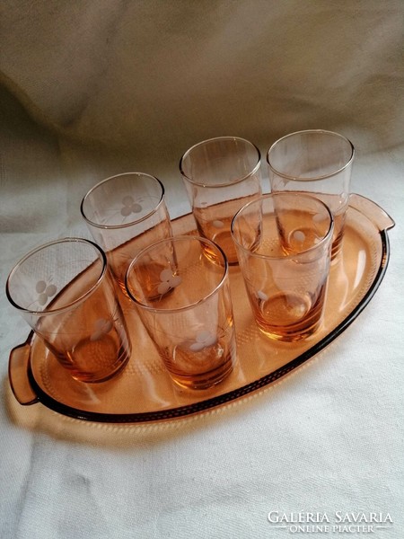 Salmon colored glass tray + 6 glasses