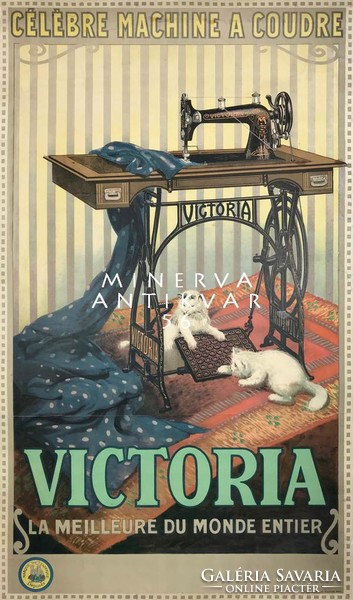 Victoria régi antik pedálos singer varrógép francia hirdetés plakát fehér macska cica REPRINT