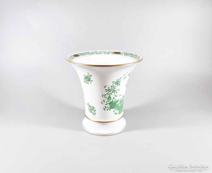 Herend, green Indian basket pattern vase, hand-painted porcelain 14 cm., Flawless (j331)