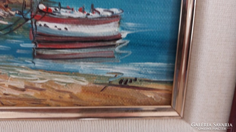 (K) beautiful Mediterranean painting, sea, harbor 42x37 cm with frame