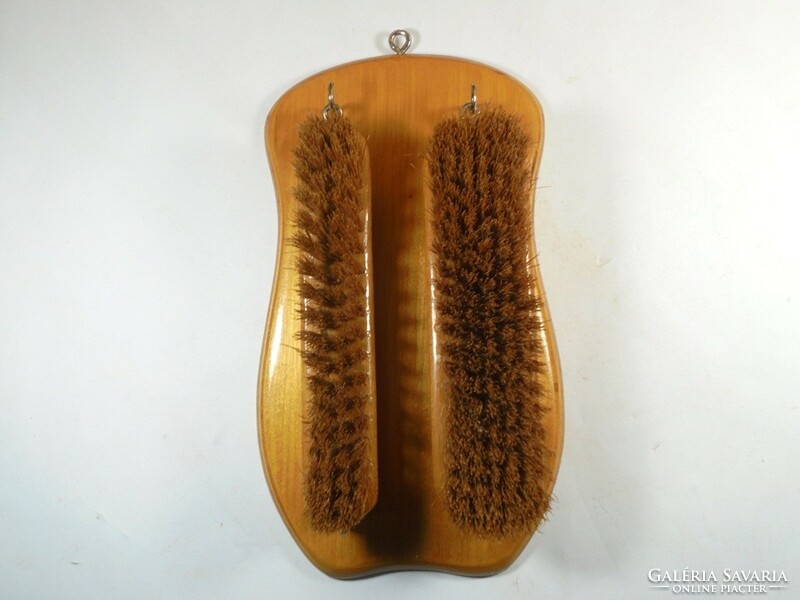 Old retro hanging wooden clothes cleaner or shoe cleaner cleaning set - brush holder and 2 brushes