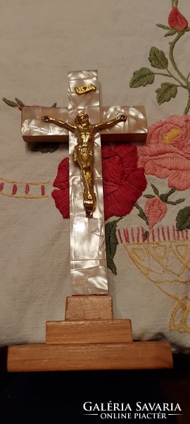 Wooden cross crucifix with body inlaid with mother-of-pearl, Jesus altar