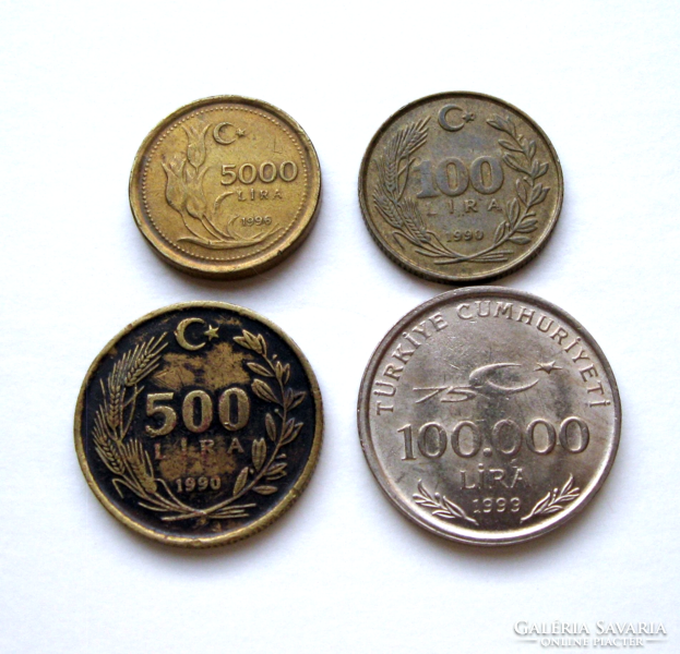 Turkey –4 pieces of Turkish lira lot - 100-500-5000-100 000 ₤ -1990-1996-1999