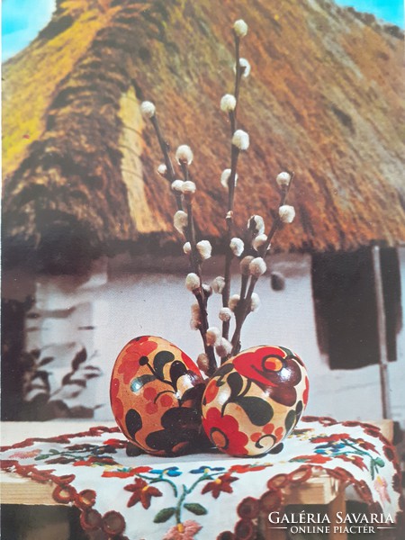 Retro húsvéti képeslap falusi ház fotó levelezőlap