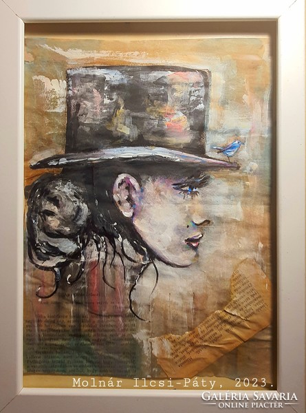 Molnár Ilcsi  " Színesen,  lapok között - Hölgy kalapban " akvarell/ filc/tustinta    festmény