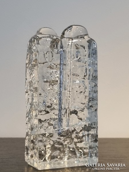Vintage jégüveg blokkváza,solifleur / modern design a '70-es évekből