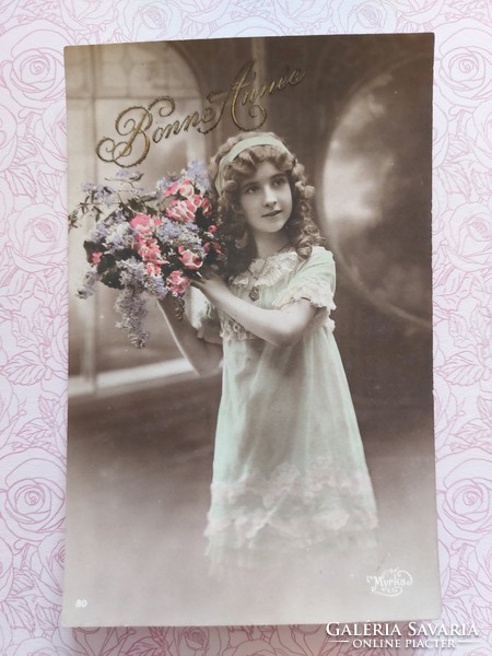 Old postcard 1913 photo postcard little girl flower