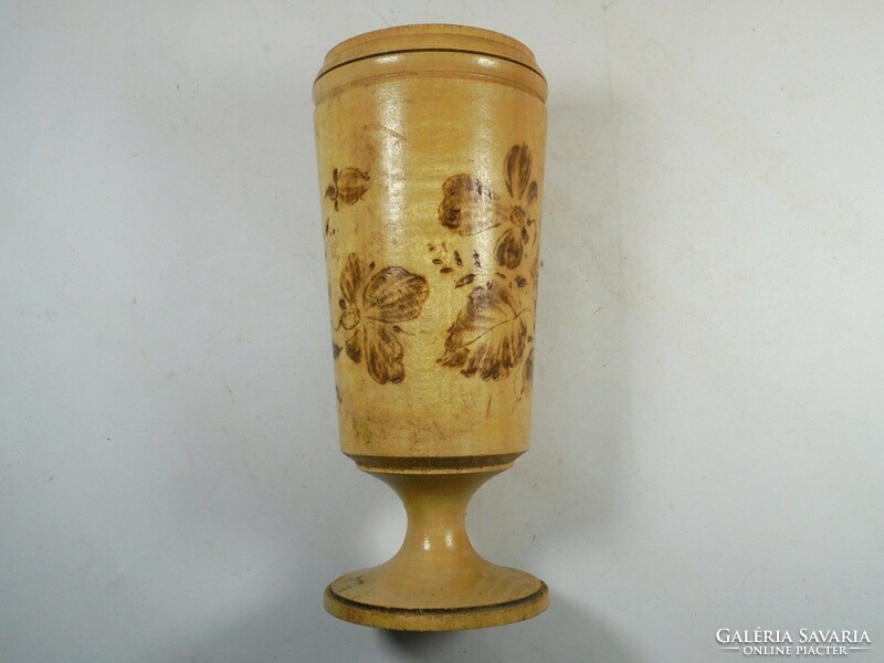 Old marked woodware burnt wooden cup vase with rose pattern - the work of mihály víg woodware maker