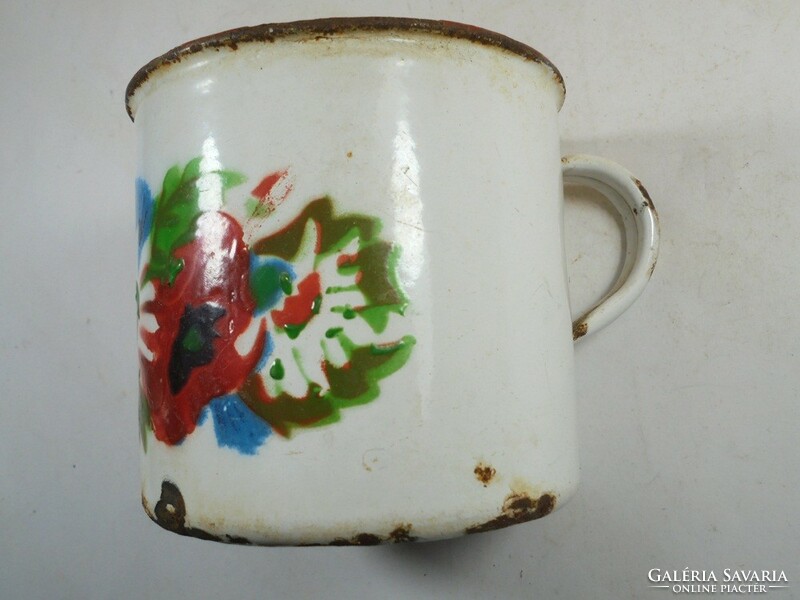 Retro old enameled mug - flower pattern - k.Sz.Sz. Hungarian production - approx. From the 1950s