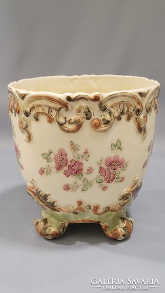 Zsolnay virágos kézzel festett porcelán barokklábas nagy kaspó