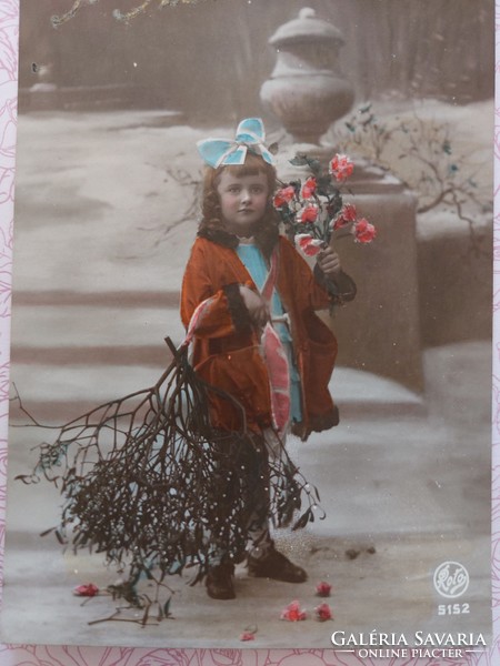 Régi képeslap 1921 újévi levelezőlap kislány fagyöngy
