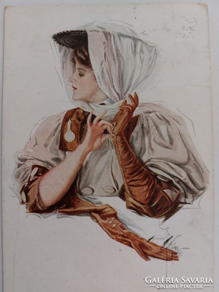 Régi képeslap 1909 művészrajz levelezőlap hölgy