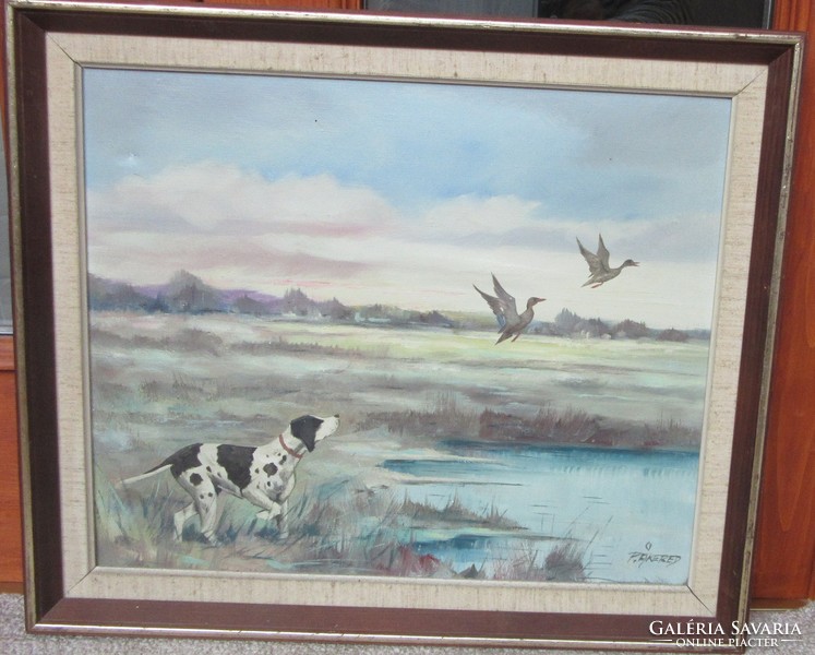 Per acered / sévéd / oil painting, hunting in the bog, 53.5 x 45 cm, 46.5 x 38.5 cm, carrier canvas.