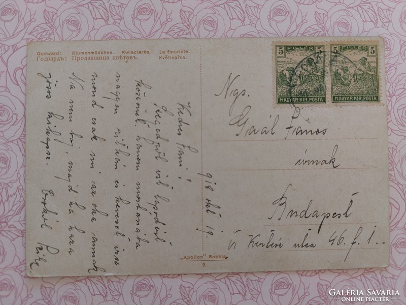 Régi képeslap 1918 levelezőlap hölgy virágokkal