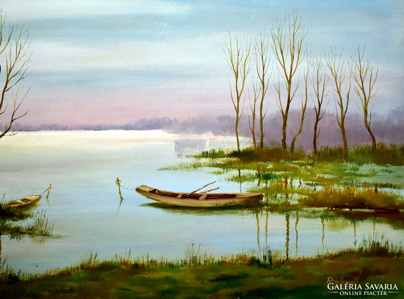István Reinhardt (1936) lakeside landscape with a boat