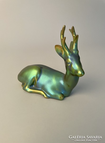 Zsolnay porcelain eosine figure, reclining deer