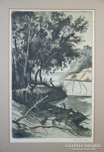 Zádor István (1882-1963): Halász. Színezett rézkarc, papír, jelzett, 35×22 cm