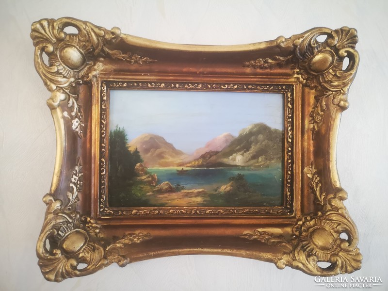 Beautiful landscape painting in blonde frame. M. L. Monogram