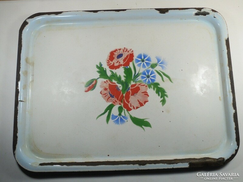 Antique enameled fire enamel metal tray with flower pattern approx. From the early 1900s