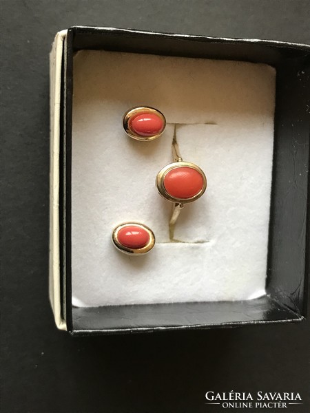 Coral stone earrings and ring