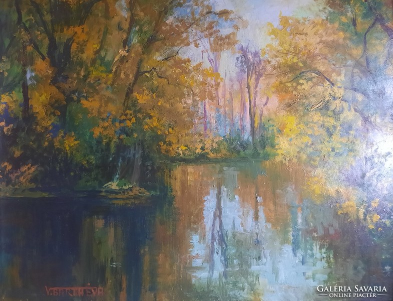 V. Barta éva: reflection (trees, waterfront, autumn landscape), original marked olive wood fiber