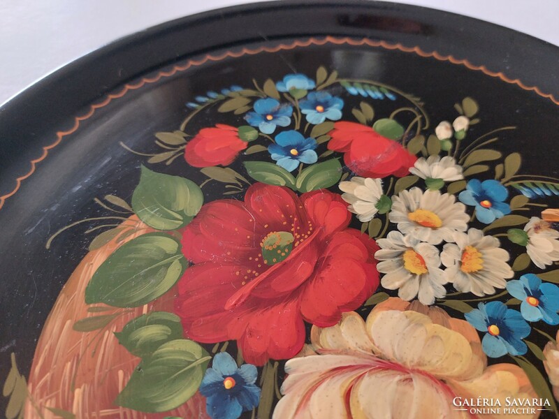 Old painted metal tray with flowers