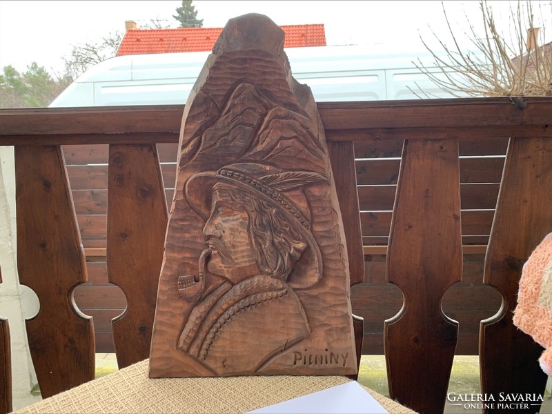 Piper man Slovak wood carving large size, 52 x 33.5 cm.
