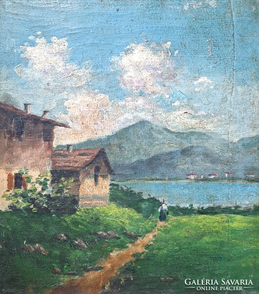 Lakeside houses with a walking figure - old oil painting, antique (oil, canvas)