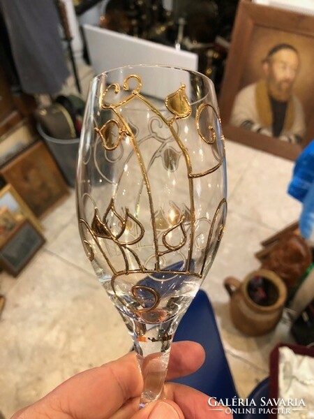 Esküvői pezsgős pohár készlet, 6 személyes, dúsan aranyozott, 26 cm-es