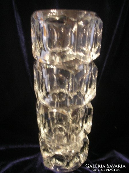 Art deco ólomkristály vastag falú üvegváza ritkaság 25 cm lapos domború rombusz négyzetdíszes 1900gr