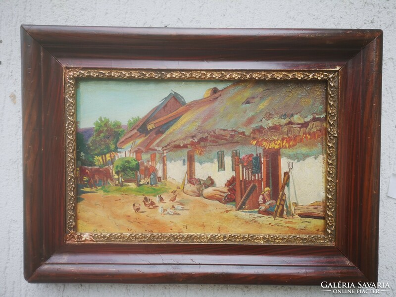 Antique landscape painting, village farm landscape, hens, cows, ladies, Harencz, Gutaházi, etc. style