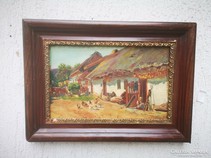 Antique landscape painting, village farm landscape, hens, cows, ladies, Harencz, Gutaházi, etc. style