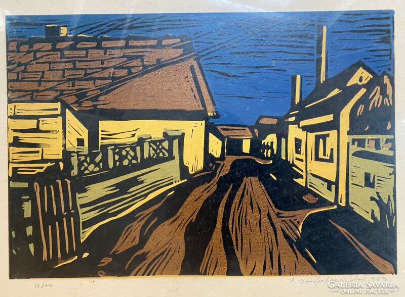 On the road - color linocut