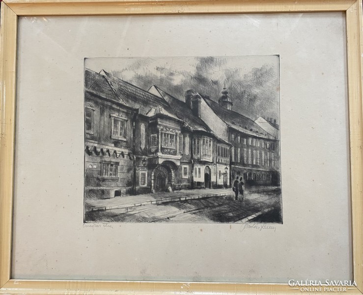 Ferenc Bordás: country house street - etching