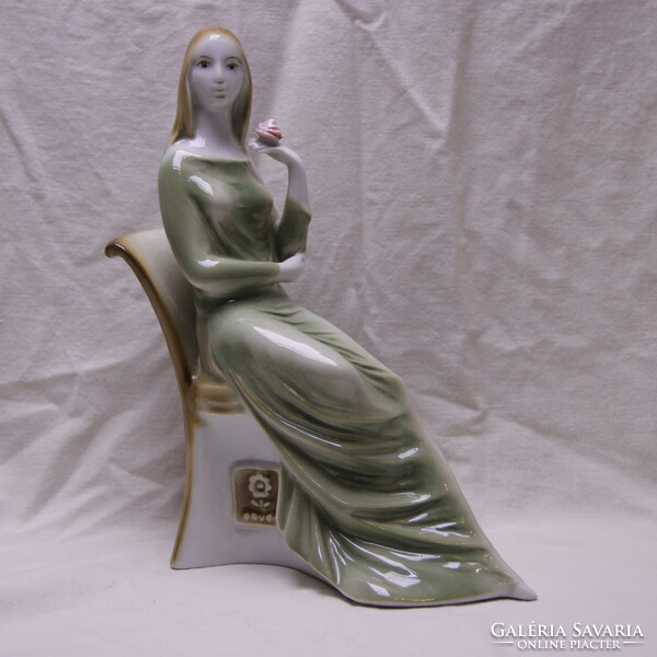 Zsolnay porcelain sitting woman in green dress, flawless, marked