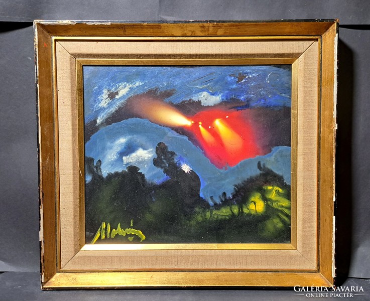 The space - with Molnár's mark - painted on a photo, a unique contemporary work - spaceship, UFO, night lights