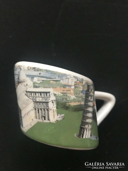 Porcelain cup, souvenir, with the view of the Leaning Tower of Pisa, decorated with stickers.