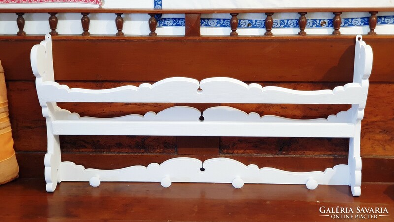 Carved, folk, snow-white painted, wall-mounted bowl, (mug, pitcher) plate holding shelf.