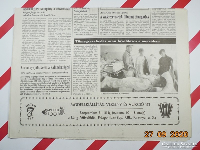 Régi retro újság - Népszava - 1992. szeptember 4.  - A Magyar Szakszervezetek Lapja